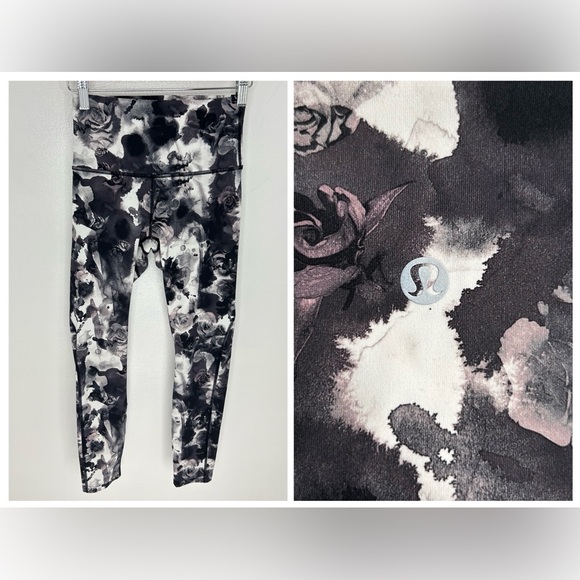 Lululemon Wunder Under Obscured Black Dusty Mauve Roses Leggings Size 4 Yoga 26" - Picture 1 of 9